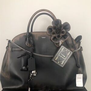 Coach Black Leather Satchel with Flower Charm and Chain Detail